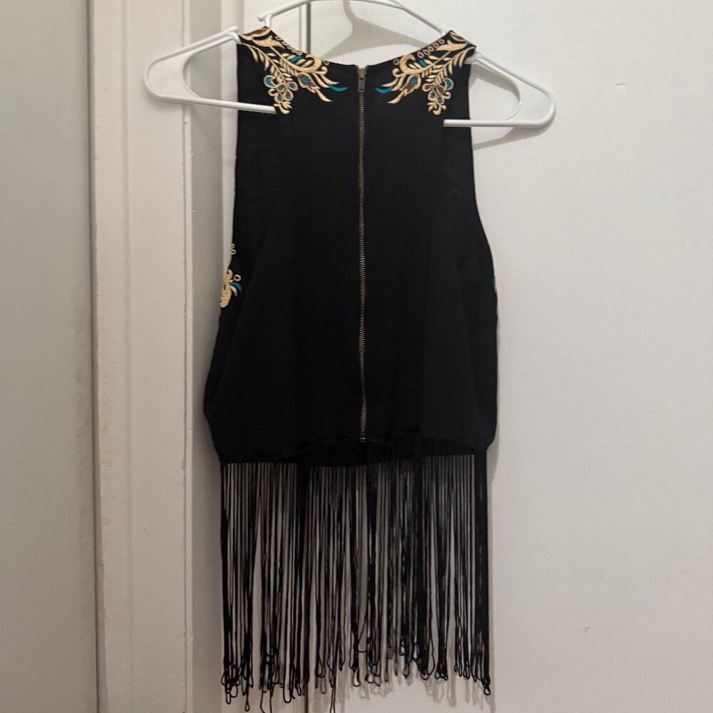 Embroidered, Zip-up, cropped, Fringe detailing